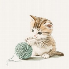 Poster - Cute kitten joyfully playing with a ball of yarn in a cozy indoor setting with plenty of space for design elements. Generative AI