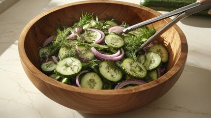 Wall Mural - Fresh cucumber salad preparation in wooden bowl with vibrant vegetables and herbs