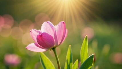 Aufkleber - A close-up of a delicate pink tulip flower with translucent petals, bathed in warm sunlight, set against a bokeh background. Concept of Luminous beauty. Spring is coming
