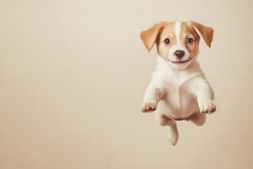 Poster - Joyful puppy leaps in mid air against a light background with space for text or branding. Generative AI