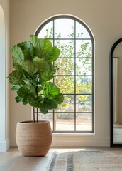 Wall Mural - Fiddle leaf fig tree in stylish indoor setting with large window and decorative mirror