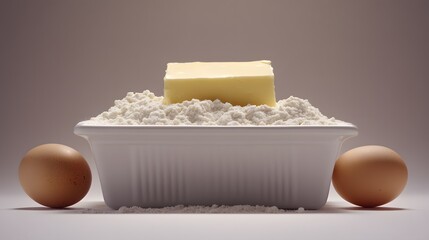 Canvas Print - A white bowl filled with flour, a pat of butter sits atop, flanked by two eggs.  Simple, clean, baking ingredients.