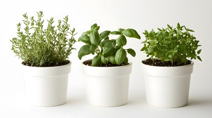 Canvas Print - Three potted herbs – thyme, basil, and oregano – sit in a row against a white background.  The simple white pots highlight the vibrant green foliage.