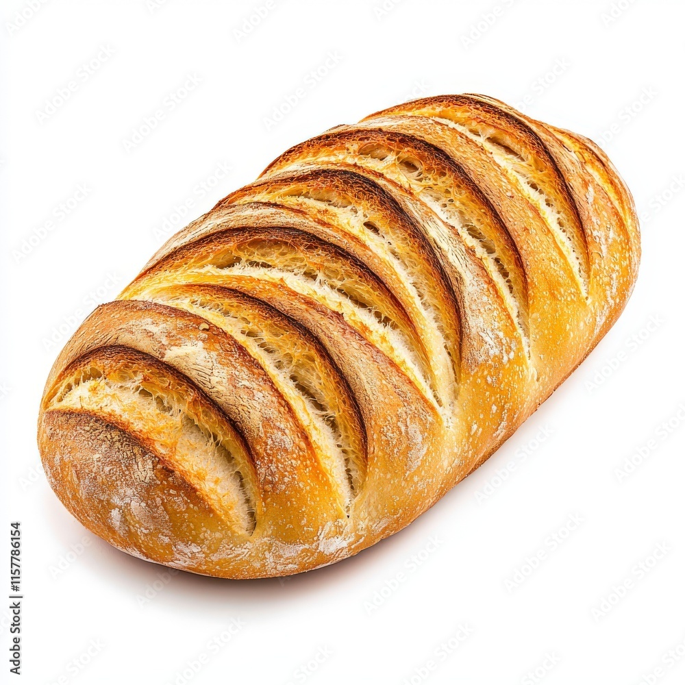 Artisan bread loaf with a golden crust and evenly sliced top ...