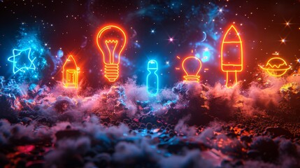 Poster - Produce a neon set of entrepreneurship symbols, including shimmering lightbulbs