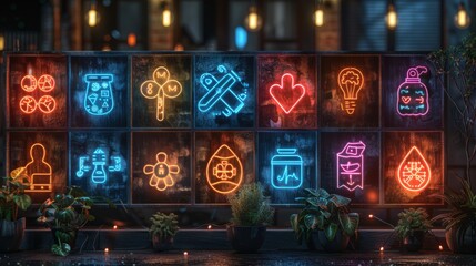 Poster - Develop a collection of neon employee benefits symbols, including shining