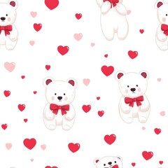 Aufkleber - Cute white bears with red bows among hearts on a playful background perfect for design mockups and creative projects. Generative AI