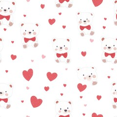 Aufkleber - Pattern featuring cute bear illustrations with red bows and hearts suitable for childrens decor or textile design. Generative AI