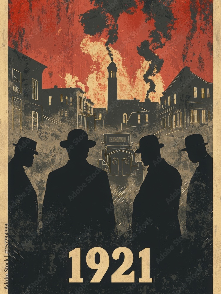 Silhouetted figures in hats stand against a burning town, evoking the chaos of organized crime in America during the 1920s. The year depicted is 1921, highlighting a period of turmoil.