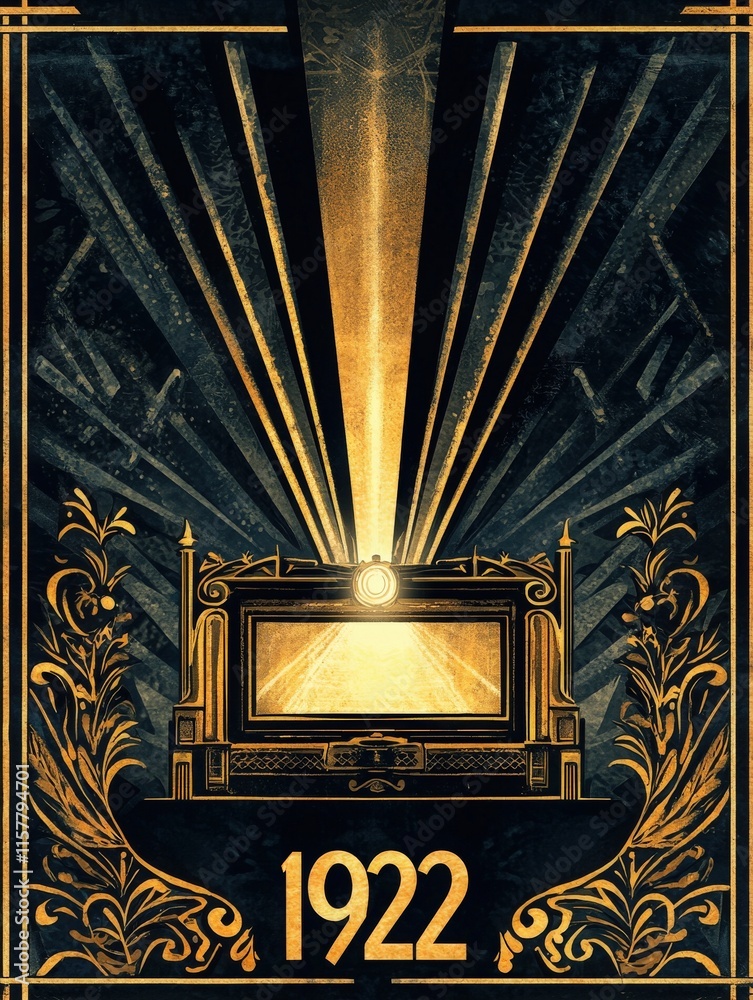 Ornate design features a luminous light emerging from an elegant structure with decorative elements.