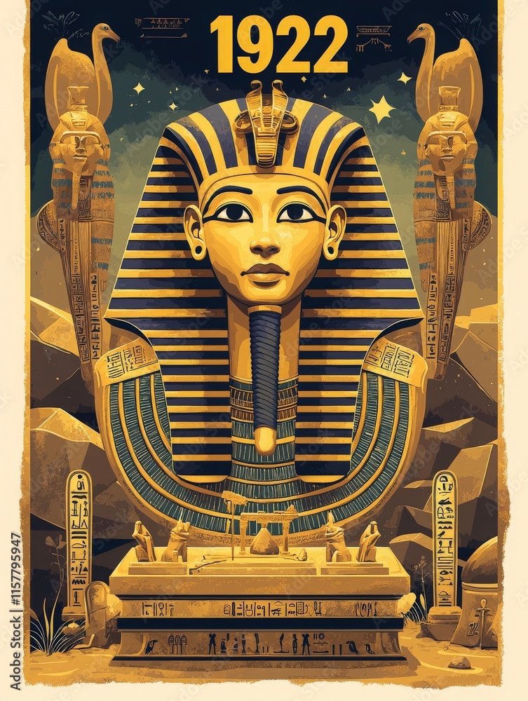 A vivid representation of Tutankhamuns golden mask surrounded by ancient Egyptian symbols.