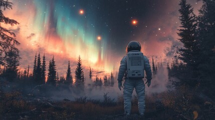 Wall Mural - an astronaut gazes at a vibrant aurora in a serene forest landscape.