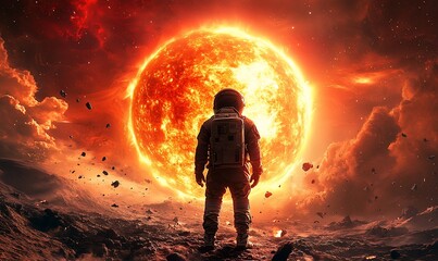 Wall Mural - an astronaut stands before a massive, fiery sun in a cosmic landscape.