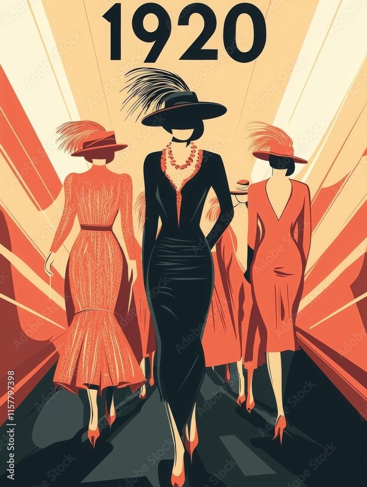 Four women walk confidently in striking 1920s attire, featuring elegant dresses and stylish hats.