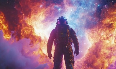 Wall Mural - an astronaut stands amidst a vibrant cosmic nebula, exploring the universe.