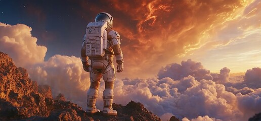 Wall Mural - an astronaut stands on a rocky surface, gazing at a vibrant sunset sky.