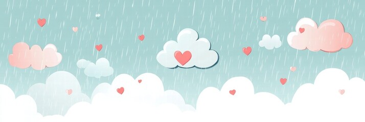 Poster - Whimsical hand drawn Valentines Day design featuring clouds and hearts for creative expression. Generative AI