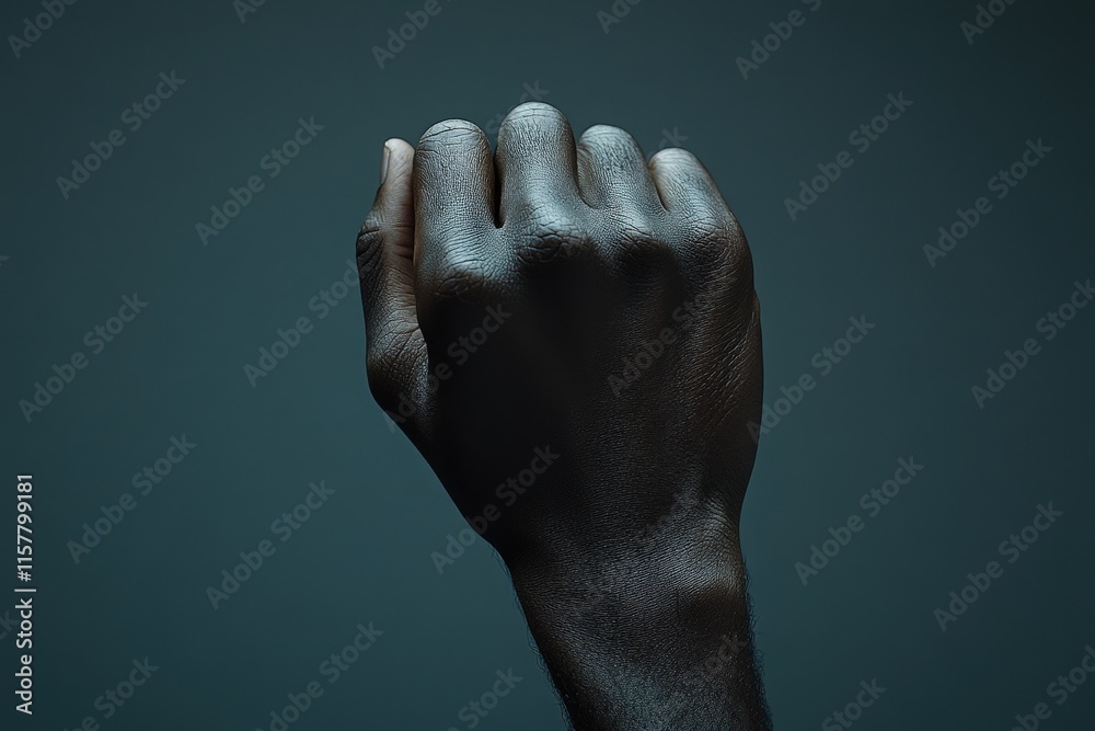 A clenched black fist rises against a dark background, symbolizing resilience and solidarity. This powerful gesture evokes feelings of strength, hope, and the fight for equality.