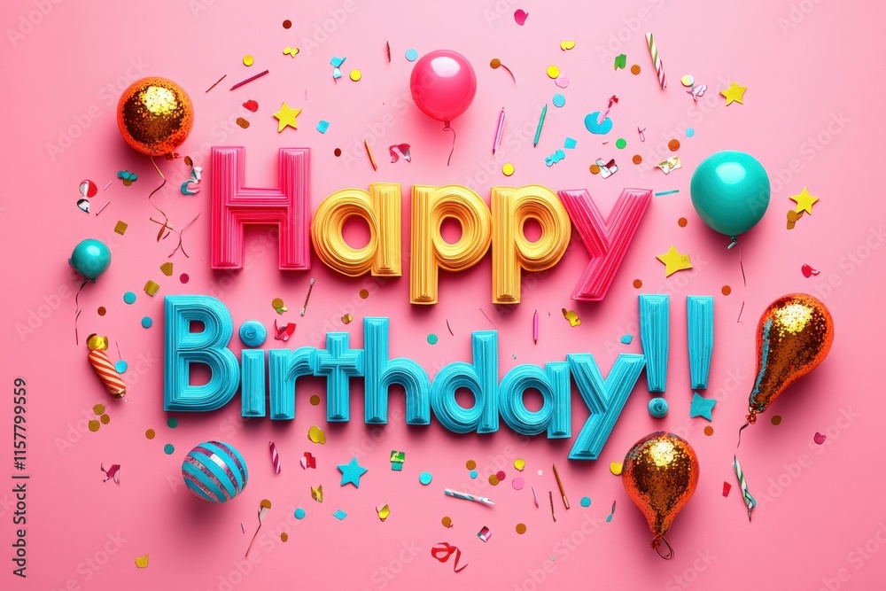 Brightly colored letters spell out happy birthday against a pink background, surrounded by balloons, confetti, and festive decorations, creating a joyful celebration atmosphere.
