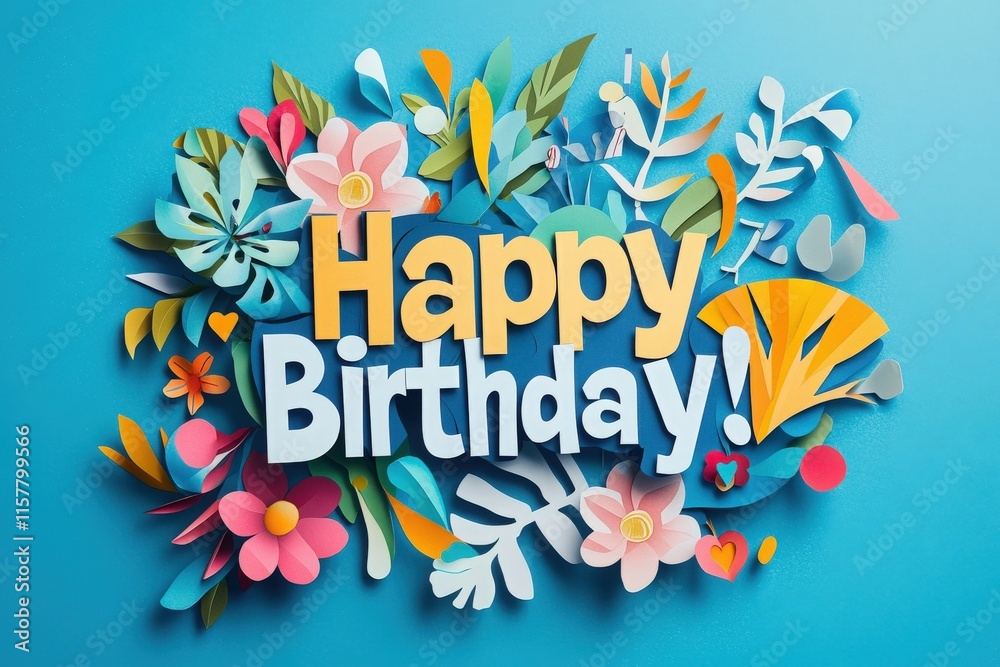Brightly colored paper flowers surround a joyful birthday message on a vibrant blue background. This festive arrangement adds cheer to birthday celebrations and decorations.