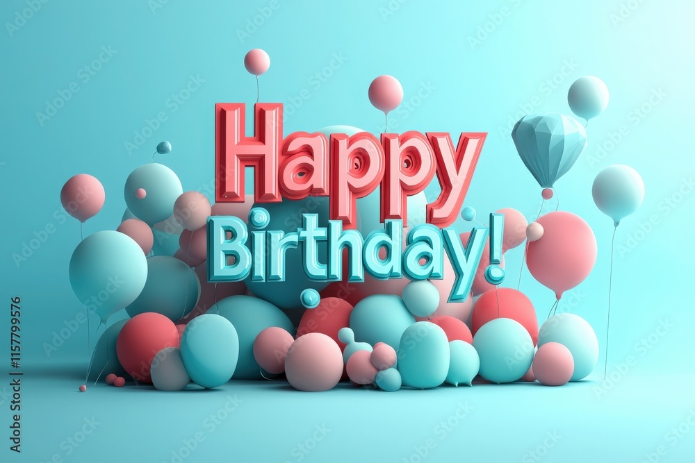 A vibrant birthday celebration setup featuring bold text that reads Happy Birthday surrounded by pastel-colored balloons and spheres against a soft blue background.