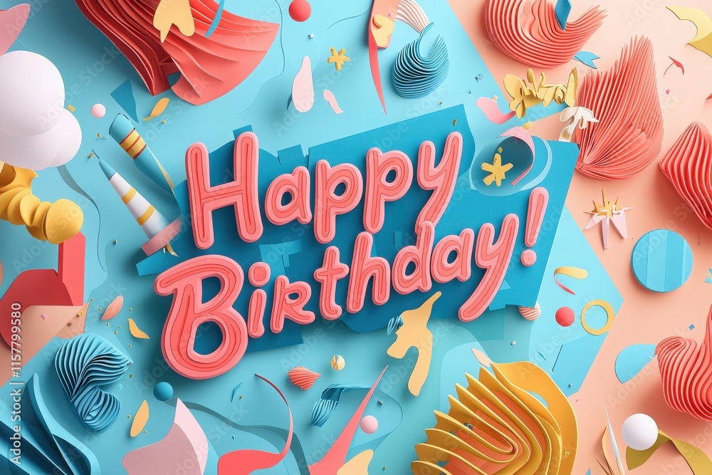 Colorful paper textures and shapes are arranged to create an engaging birthday celebration backdrop. The cheerful design features Happy Birthday! prominently displayed, perfect for parties.