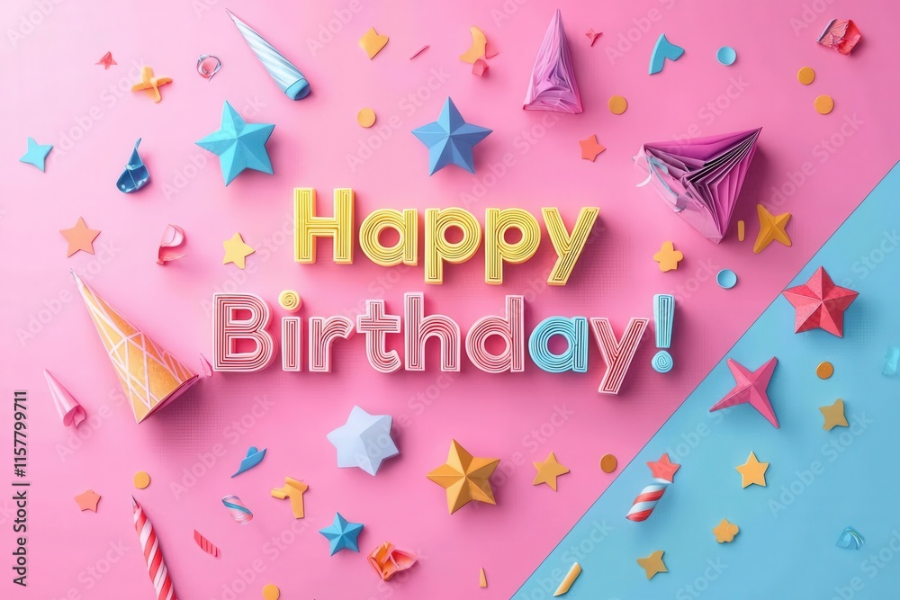 Brightly colored party decorations are arranged around joyful birthday greeting on a split pink and blue background. Stars, cones, and whimsical shapes create a festive atmosphere.