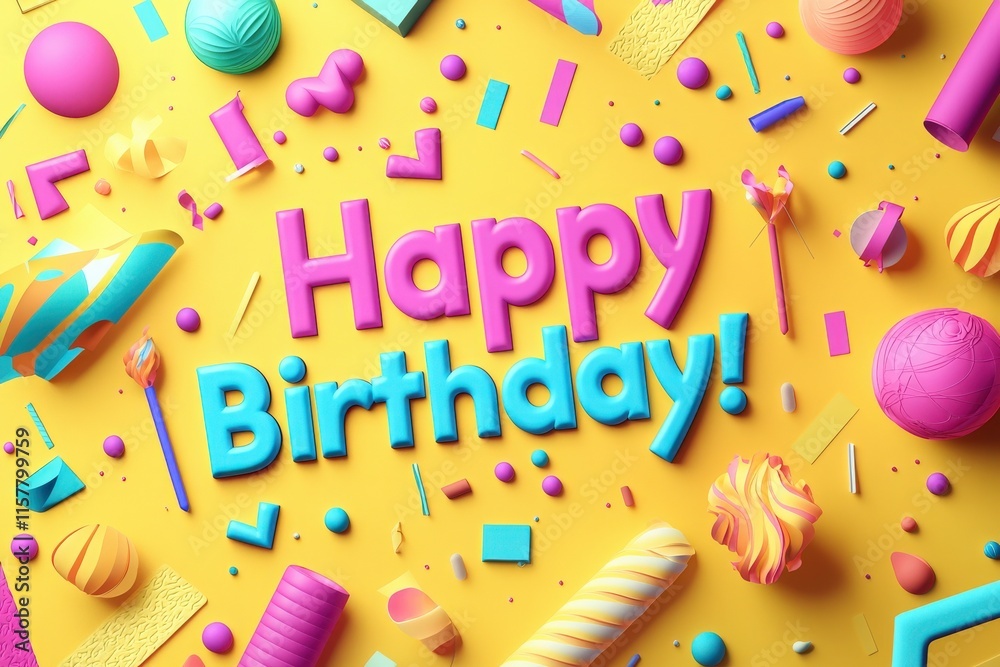 Bright and cheerful decorations spread across a yellow surface celebrate a birthday. Colorful shapes, candies, and stylized text come together to create a joyful atmosphere.