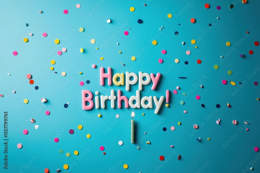 The vibrant blue backdrop is adorned with colorful confetti and playful decorations that spell out happy birthday. A single candle stands ready for the celebration, creating a festive atmosphere.