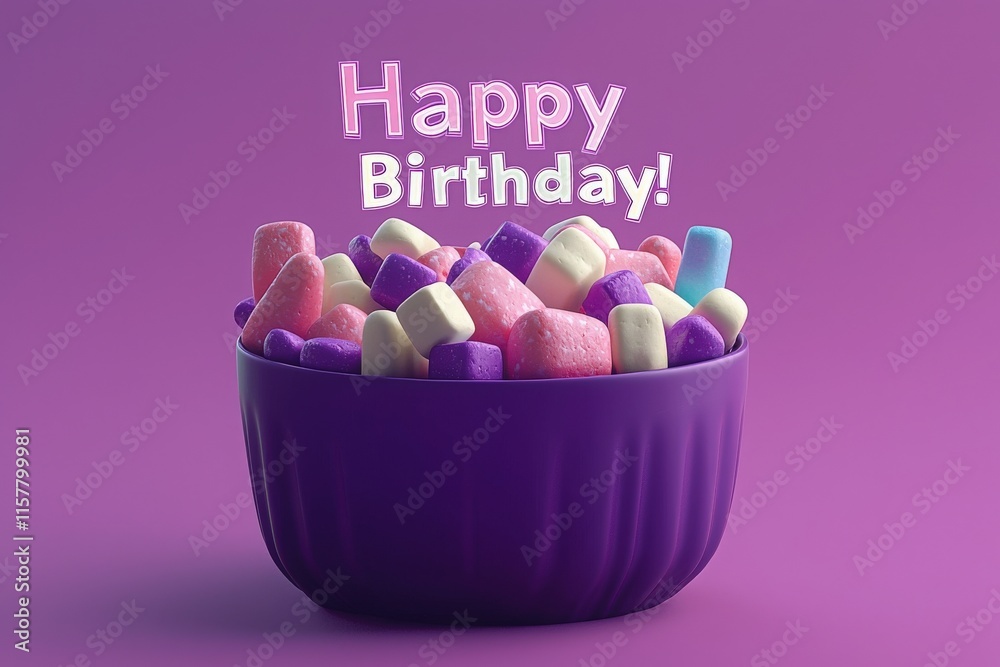 A purple bowl brimming with colorful marshmallows sits against a matching background, with Happy Birthday boldly displayed above, creating a festive vibe.
