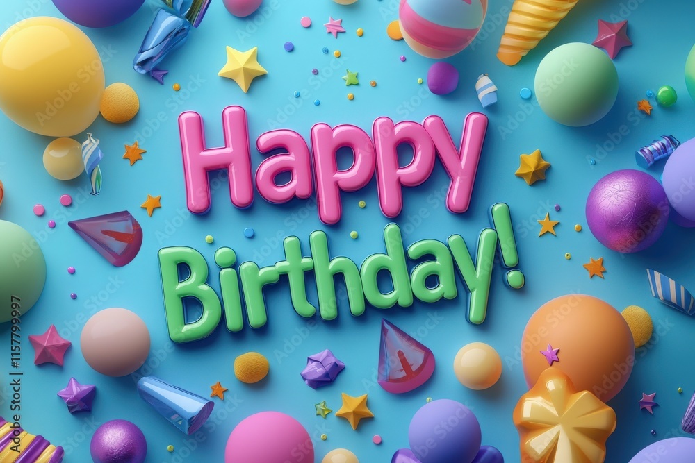 A festive arrangement of colorful balloons, stars, and party items surrounds a cheerful birthday greeting. The bright background enhances the celebratory atmosphere, perfect for any birthday event.
