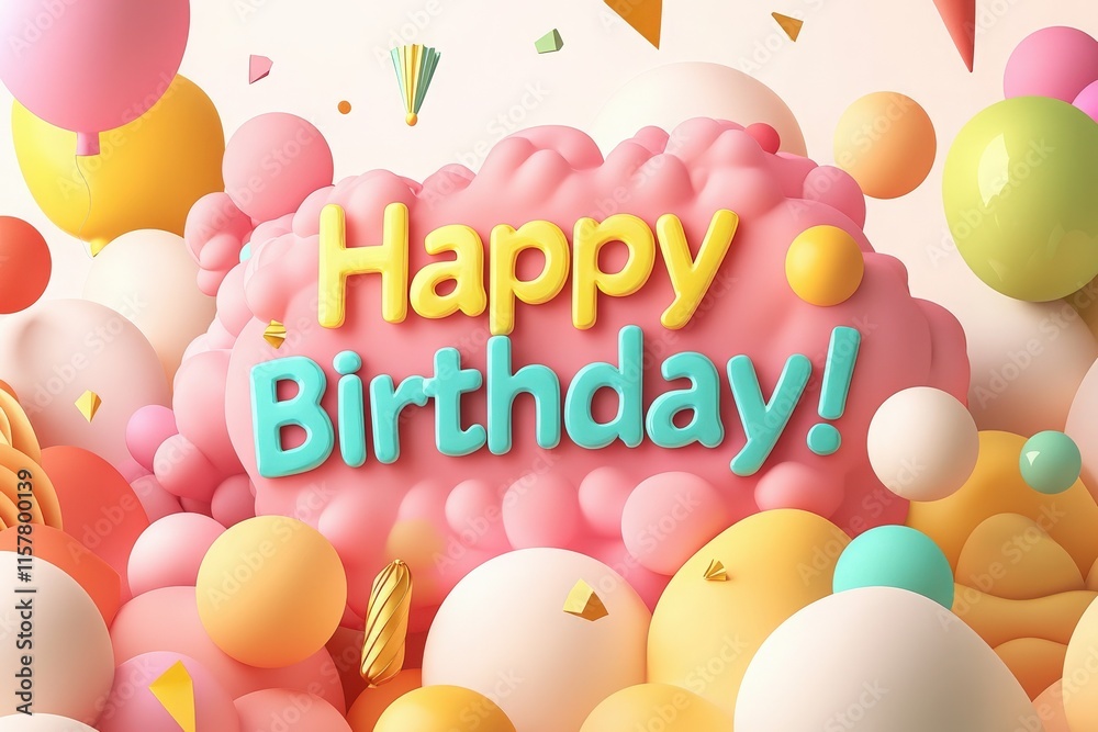 Vibrant balloons and playful shapes surround a cheerful message wishing someone a happy birthday, creating a fun and inviting atmosphere perfect for celebrations.