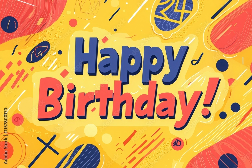 Colorful birthday greeting features bold text saying happy birthday against a vibrant yellow background filled with playful shapes. Perfect for celebrating special occasions.
