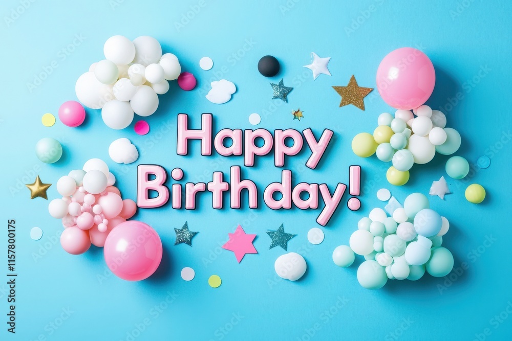 A vibrant arrangement of balloons, stars, and decorations is placed on a blue background, creating a cheerful birthday setting. The words Happy Birthday stand out, inviting celebration.