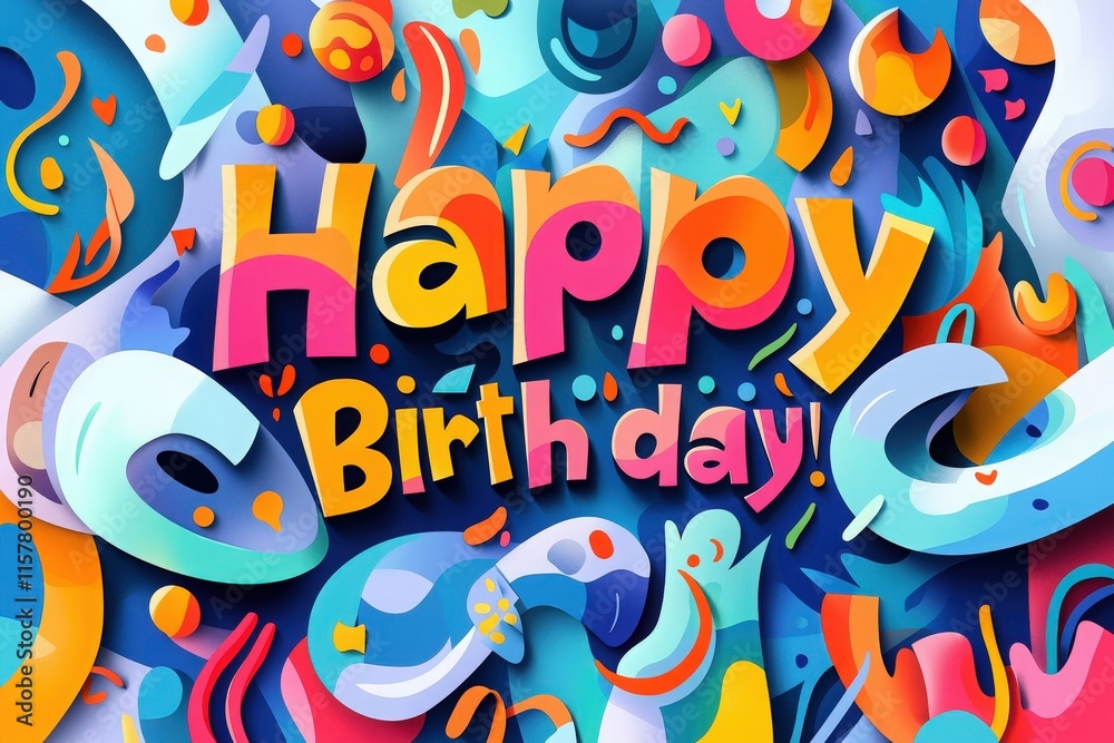 A bright and lively design showcases the words Happy Birthday surrounded by colorful abstract shapes and swirls. The artwork conveys a festive atmosphere perfect for celebrations.