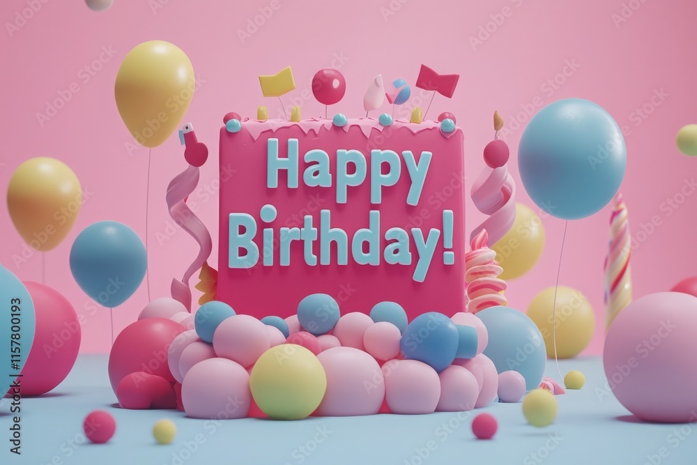 A festive arrangement featuring a pink birthday cake surrounded by colorful balloons and playful decorations. This cheerful setup creates a joyful atmosphere for a birthday celebration.