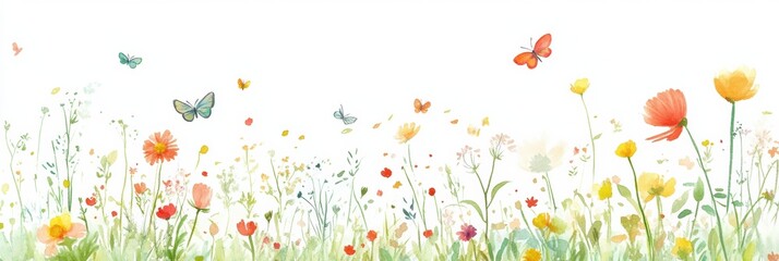 Aufkleber - Colorful meadow filled with playful flowers and butterflies under a bright sunny sky. Generative AI