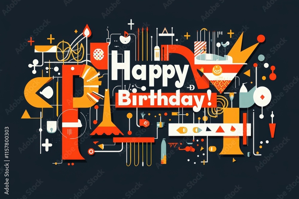 A vibrant arrangement of geometric shapes and symbols celebrating a birthday. The design features bright colors and playful motifs that convey a joyful atmosphere, ideal for a party invitation.