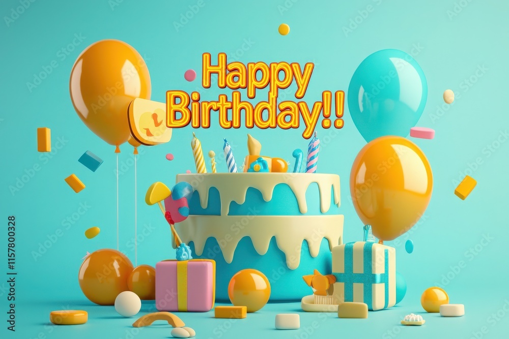 A vibrant birthday celebration features a multi-tiered cake with dripping icing, colorful balloons, and gift boxes. Festive elements create a joyful atmosphere perfect for a special occasion.