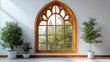 © Fenny - Sunlight streams through a Gothic arched window in a minimalist room, with potted plants flanking it.