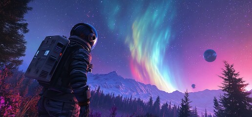 Wall Mural - astronaut gazing at vibrant auroras and distant planets in a cosmic landscape.