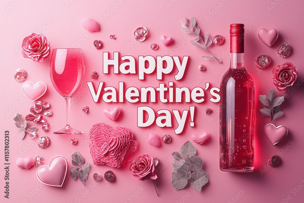 A festive Valentines Day setup displays a bottle of pink wine, a glass filled with pink beverage, roses, heart shapes, and decorative elements arranged on a soft pink background.