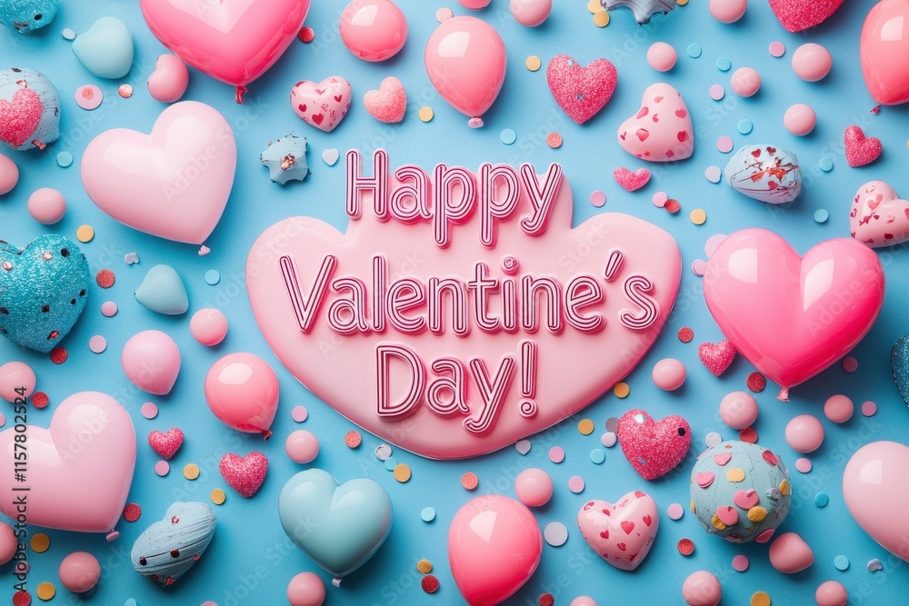Brightly colored hearts, balloons, and confetti create a festive atmosphere for Valentines Day. Various shades of pink and blue enhance the joyful theme of love and celebration.