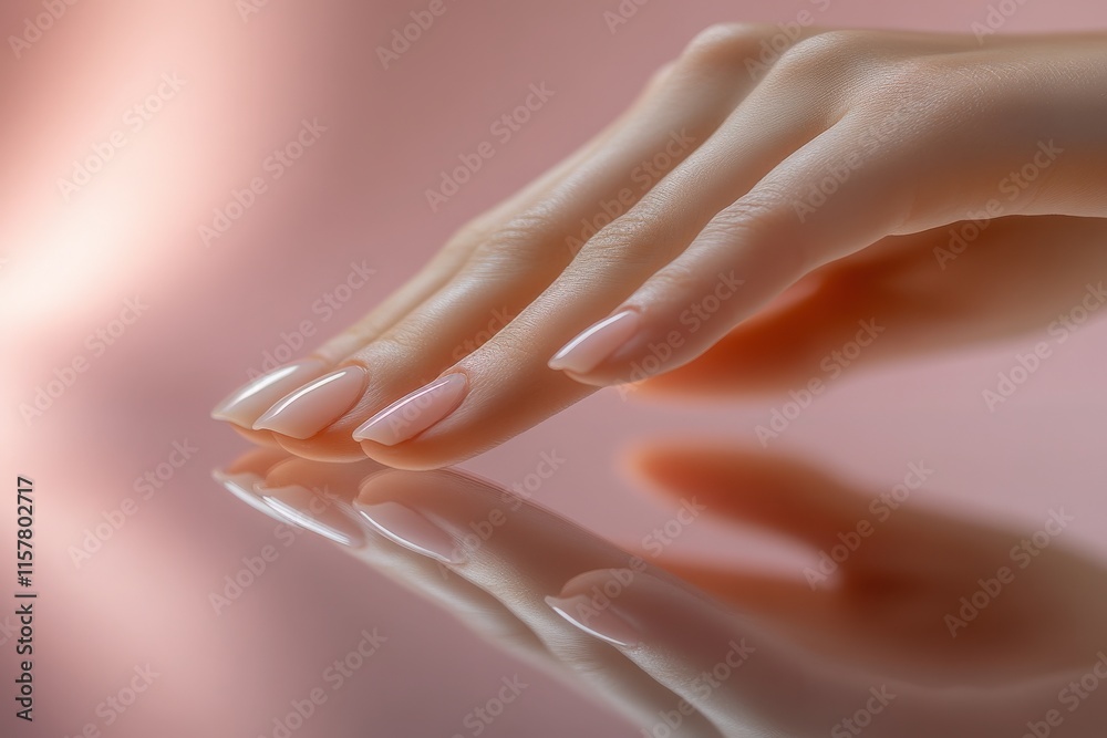 The delicate hand hovers just above a glossy surface, creating a subtle reflection. Soft lighting enhances the tranquil atmosphere, highlighting the gracefulness of the gesture.