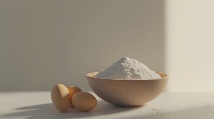 Canvas Print - A wooden bowl filled with flour sits on a white surface next to two eggs. Soft, natural light illuminates the scene, creating a minimalist and calming aesthetic.