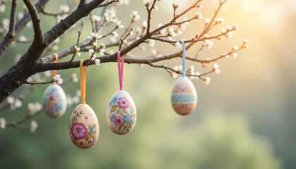 Easter tree decorations with painted eggs and ribbons in soft natural light, copy space
