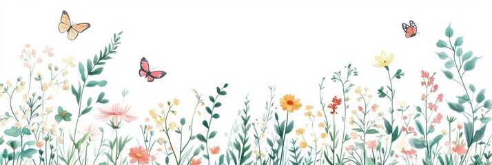 Poster - Colorful meadow full of vibrant flowers and playful butterflies dancing among the blooms during a sunny day. Generative AI