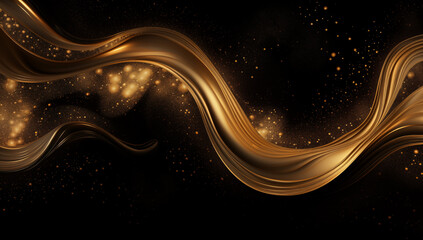 Fototapete - Captivating abstract backdrop featuring swirling golden light trails and sparkles on a dark black canvas, exuding elegance and luxury