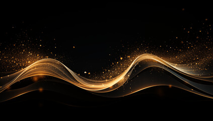 Fototapete - Stunning abstract composition with golden light trails and shimmering particles against a dark black background, creating an aura of elegance and luxury.