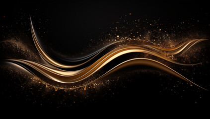 Poster - Gorgeous abstract background showcasing glistening golden light trails and shimmering particles against a deep black backdrop, embodying elegance and luxury.